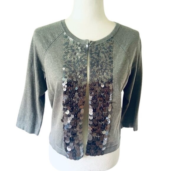 Ann Taylor Silk Dressy Cardigan | Gray Sequin Gradient | 3/4 Sleeve | Size M - Picture 1 of 10